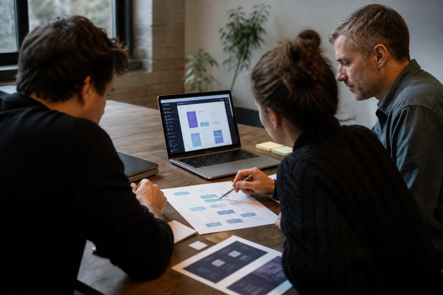 Equipo pequeño revisando una interfaz y un mapa de proceso